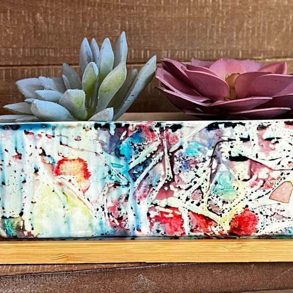 Hand-Painted Ceramic Succulent Planter with Bamboo Tray - Picture 6 of 6